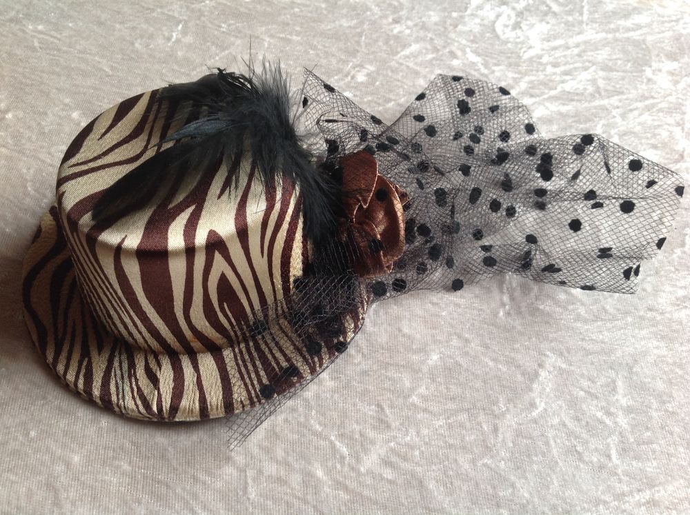 SERRE-T�TE MINI CHAPEAU R�TRO Z�BR� BEIGE & MARRON Envoi Pos 3 Tr�gunc (29)