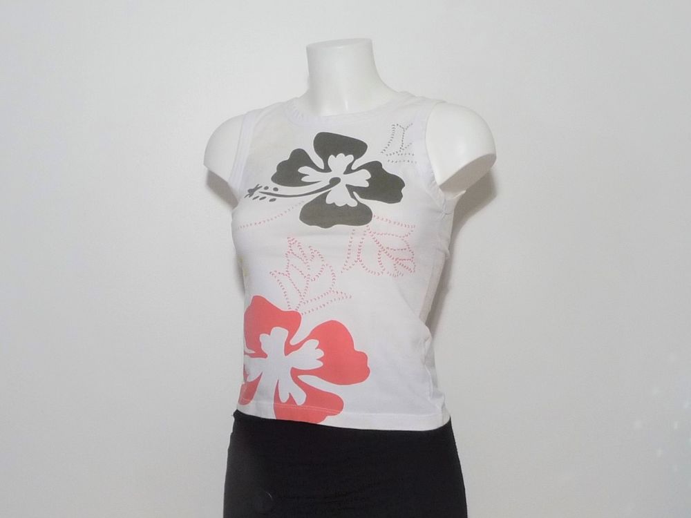 Top/ Tee Shirt Blanc Motif Fleuri Rouge Vert Jaune-3 Suisses 4 Paris 15 (75)