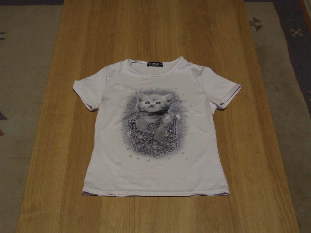 Tee-shirt manches courtes, Blanc motif chat, 8�ans, TBE 3 Bagnolet (93)