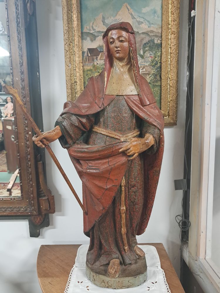 Statue en bois polychrome ancienne, Ste Agn�s 699 Ch�teau-l'�v�que (24)