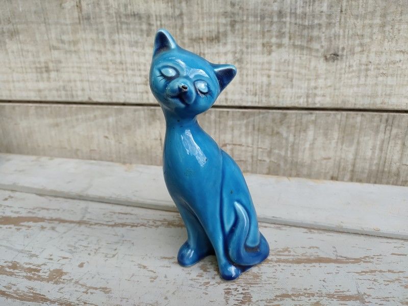 Statue Chat Porcelaine �mail Turquoise 22 Loches (37)