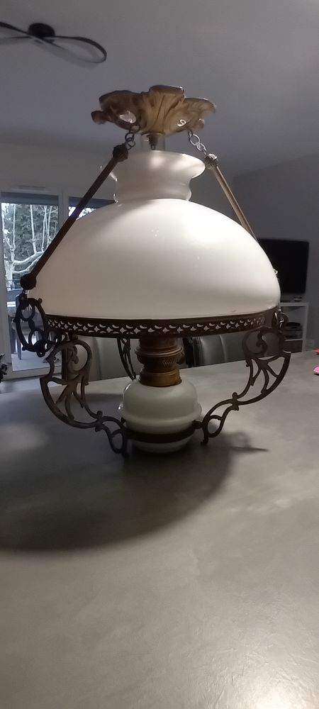 Suspension lustre vintage en verre (opaline) 19 Eybens (38)
