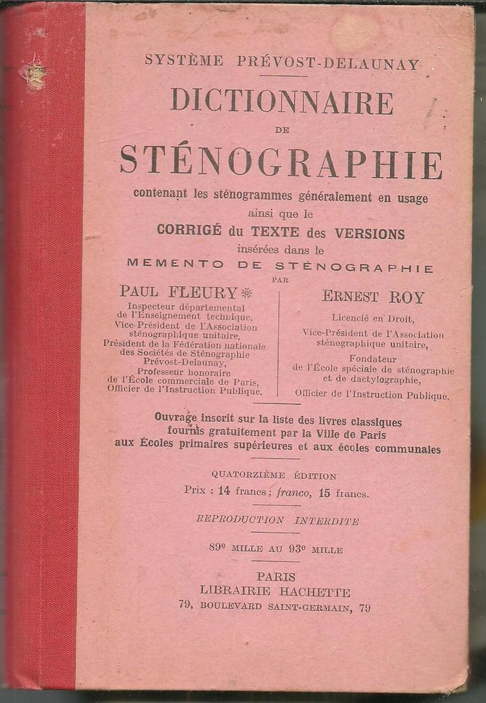  Système PREVOST DELAUNAY Dictionnaire de sténographie par Paul FLEURY et Ernest Roy  8 Montauban (82)