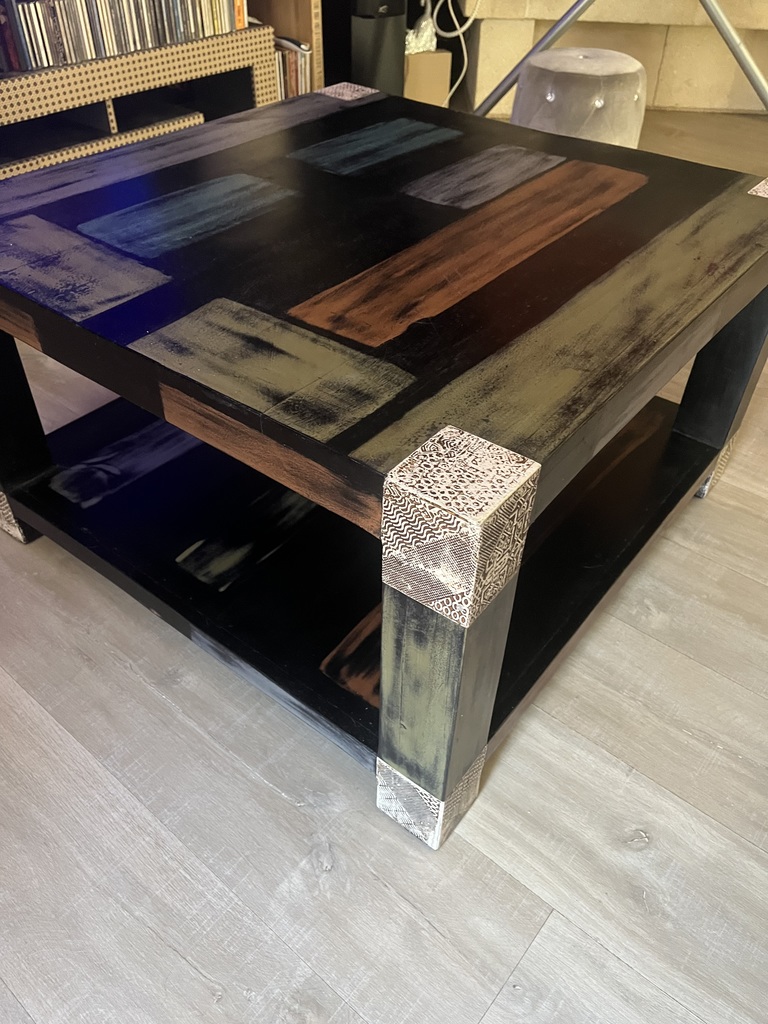 Table basse carr�e bois et m�tal d�cor�e 120 C�ret (66)