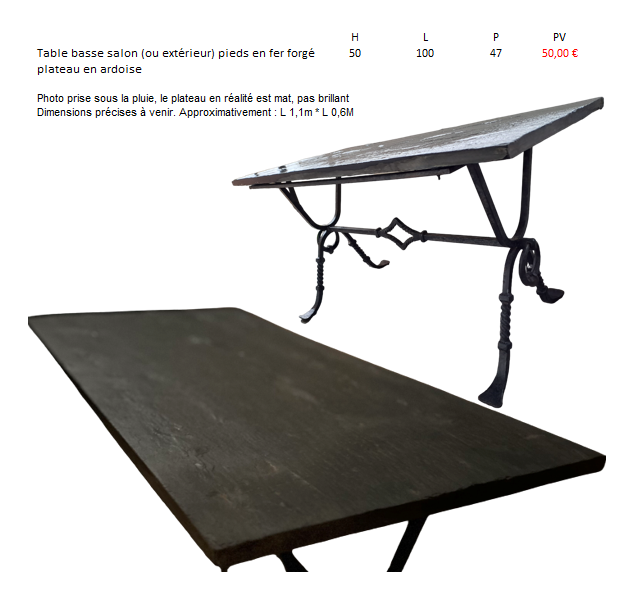 TABLE BASSE PLATEAU ARDOISE, PIEDS FER FORGE 50 Maubeuge (59)