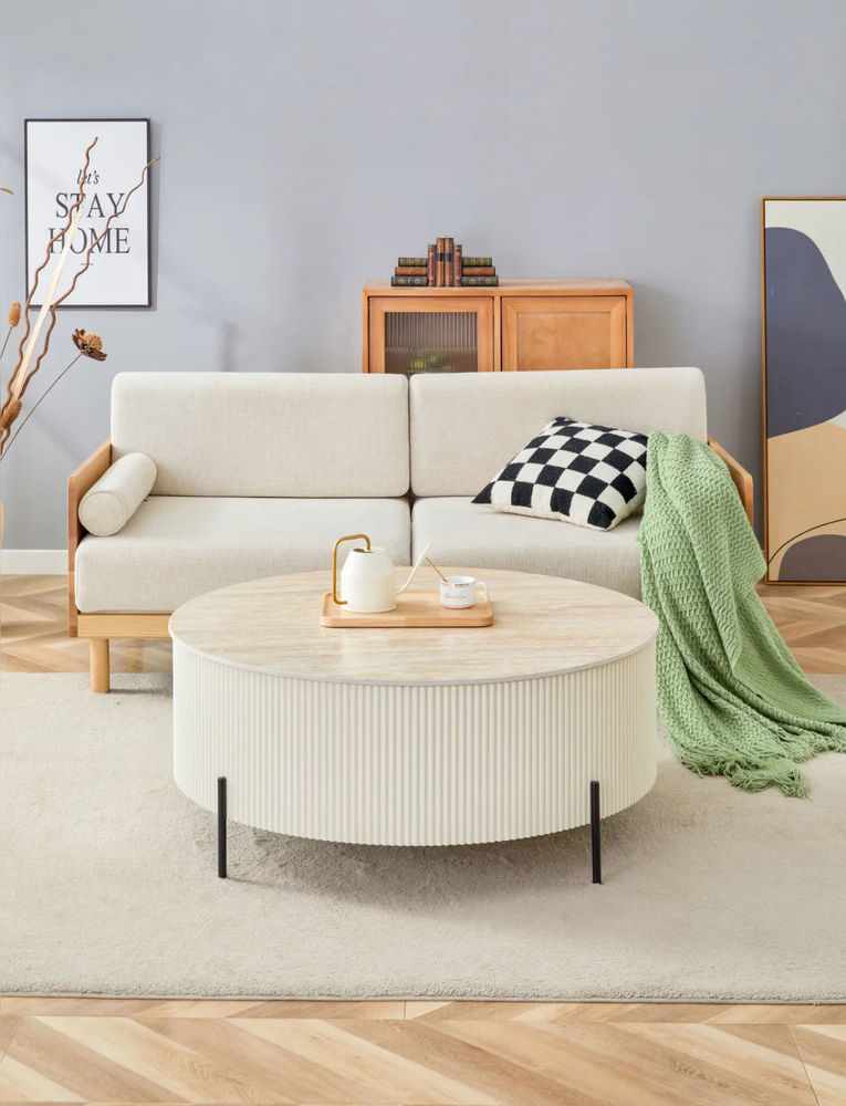 Table basse ronde �  Effet travertin mat et pied nervur� beige 199 Enghien-les-Bains (95)