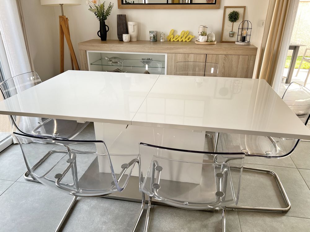 Table extensible FLY blanc laqu� + chaises IKEA Tobias 270 Meximieux (01)