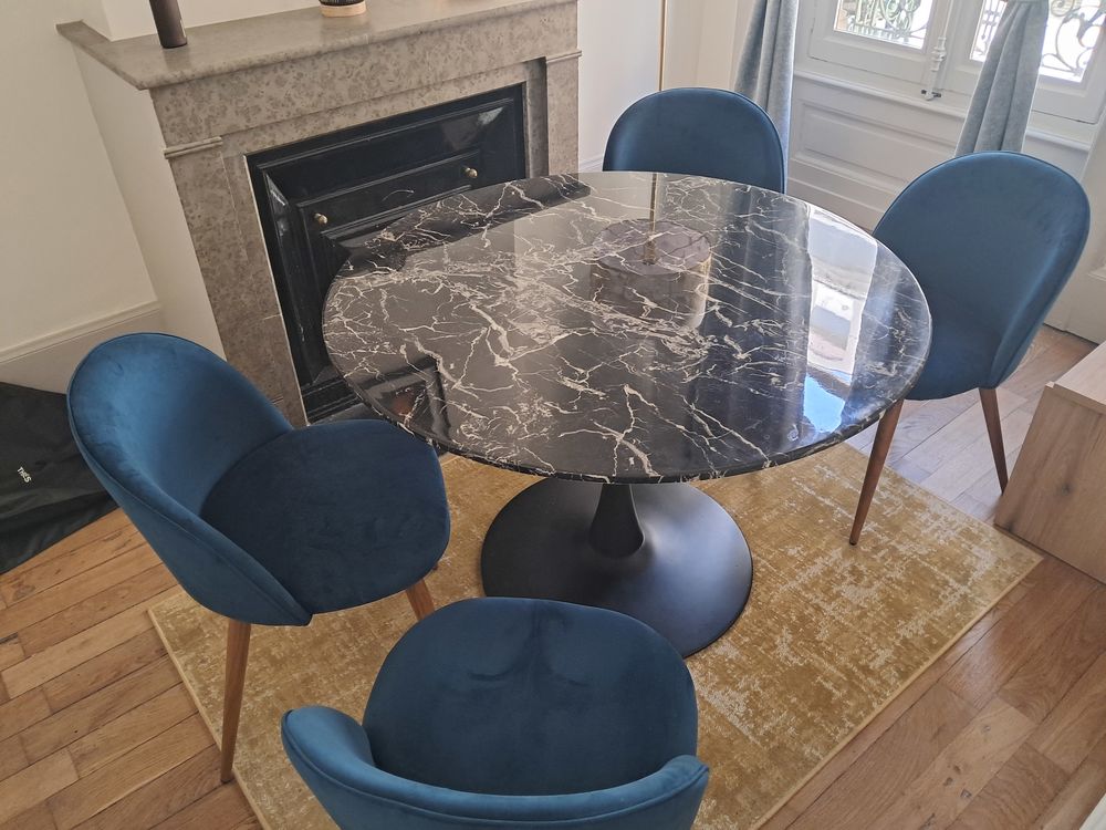 Table ronde en marbre et 4 chaises velours bleu 450 Lyon 7 (69)
