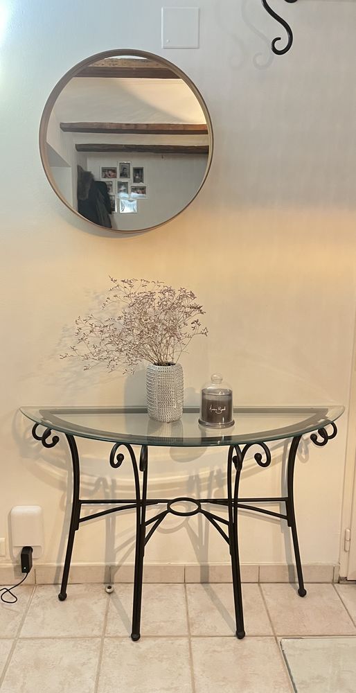 Table en verre et fer forg� L180cmxP90cm+4 chaises + console 450 Mauguio (34)