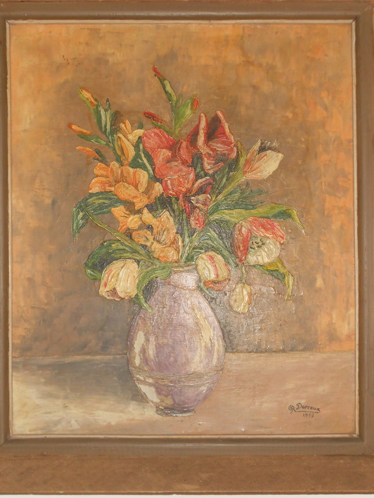 Tableau ancien CR Daroux 1957 - bouquet au vase violet 100 Bernay-Saint-Martin (17)