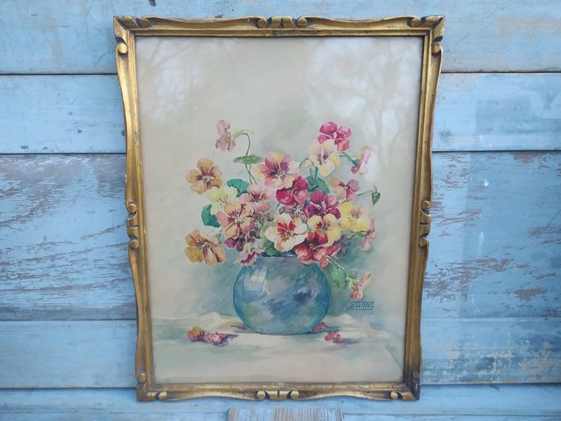 Tableau Aquarelle Bouquet de Fleurs Pens�es Cadre Dor� 
80 Loches (37)