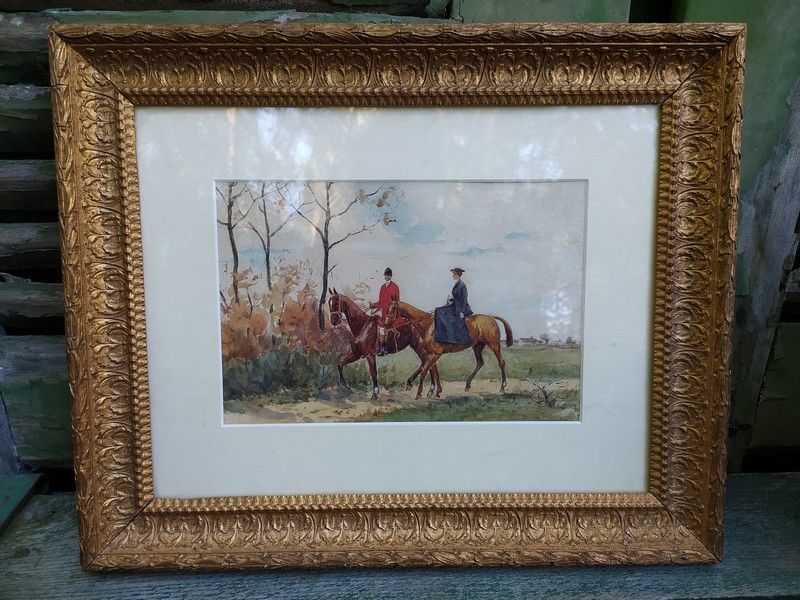 Tableau Aquarelle �quipage de V�nerie, Chasse � Courre 1 Loches (37)