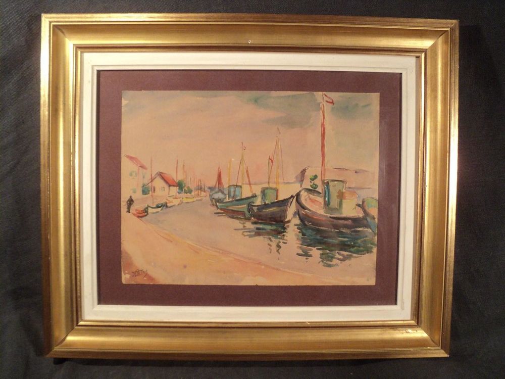 Tableau Aquarelle Marine Port Sign�e E. Bittay 70 Loches (37)