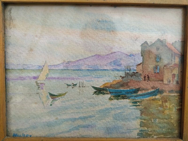 Tableau Aquarelle Marine Paysage Martigues ? Sign� Muller 120 Loches (37)
