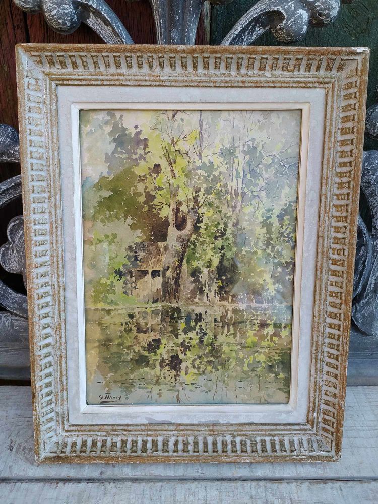 Tableau Aquarelle Paysage Bord de S�vres Sign� 200 Loches (37)