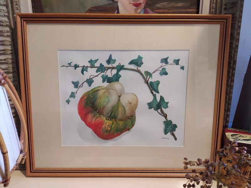 Tableau Aquarelle Potiron et Lierre Sign�e R. Bri�re. 1 Loches (37)