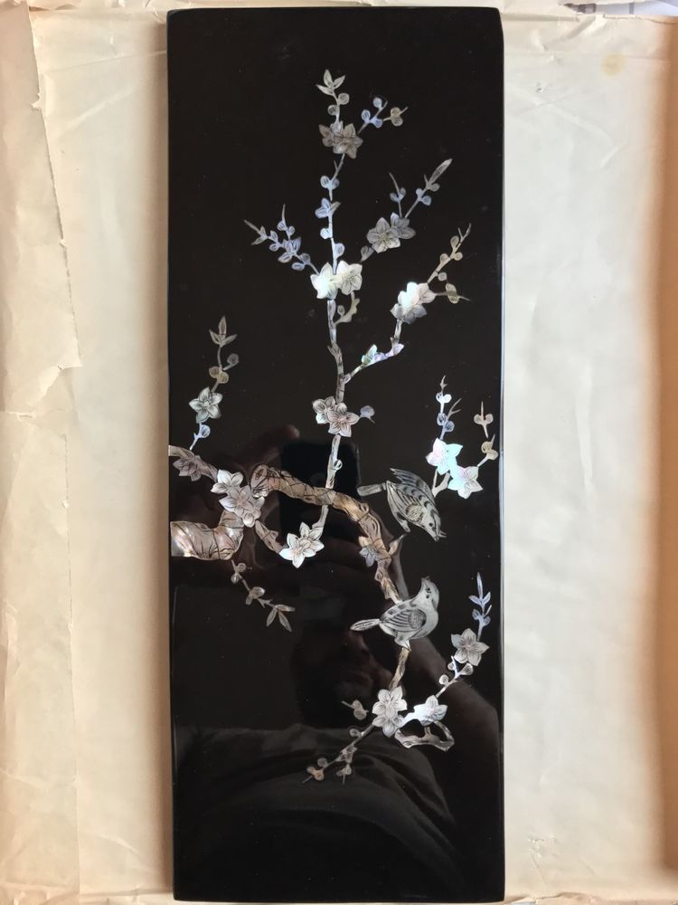 Tableau en bois laqu� avec incrustations nacre oiseaux 45 Goussainville (95)