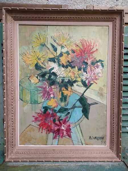 Tableau Bouquet de Fleurs Dahlia Sign� A.Oundjian 350 Loches (37)