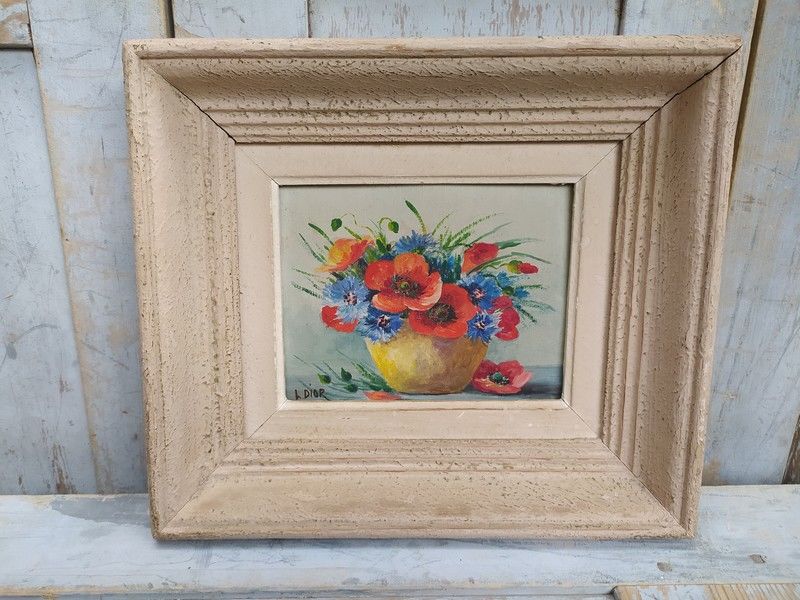 Tableau Bouquet de Fleurs Coquelicots Bleuets Sign� L. Dior 60 Loches (37)