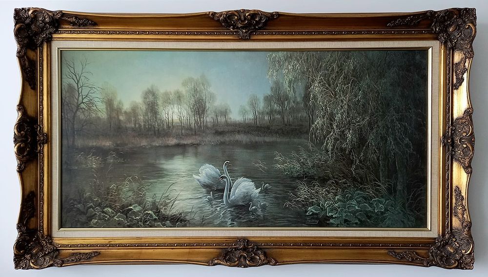 Tableau  Les cygnes  reproduction sur toile sign� Trelony 90 Publier (74)