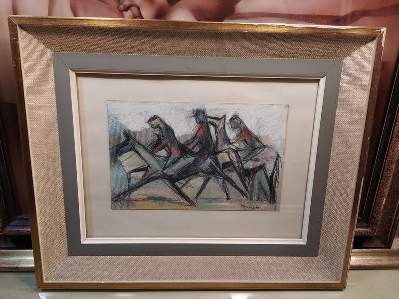 Tableau Dessin Crayon Course de Chevaux Sign�e N. Verzotti 160 Loches (37)