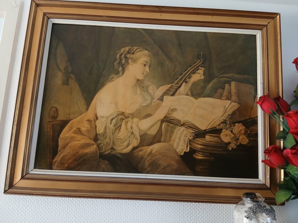  Tableau dor� or fin ancien femme guitare partition N�1462 20 Beaune (21)