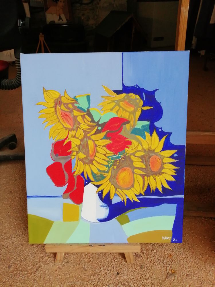 TABLEAU A L HUILE SUR COTON BOUQUET TOURNESOLS 50 Anduze (30)