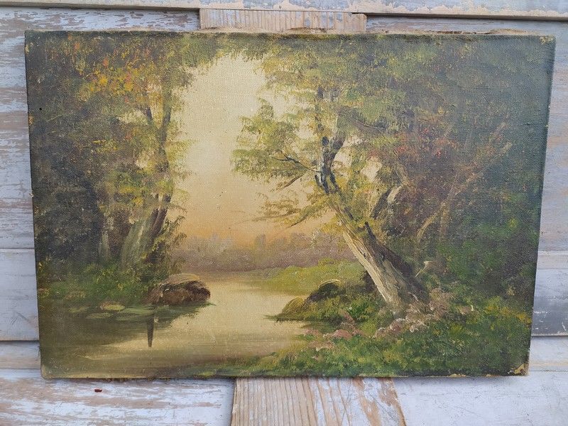 Tableau Huile sur Toile Barbizon Paysage Bois et Rivi�re 50 Loches (37)