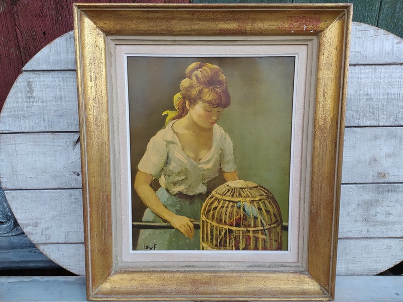 Tableau Marcel Dyf Jeune Femme et la Cage aux Oiseaux Cadre 140 Loches (37)