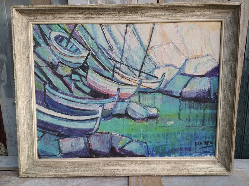 Tableau Marine Bateaux Barques Sign� MARRA Expressionnisme 
130 Loches (37)