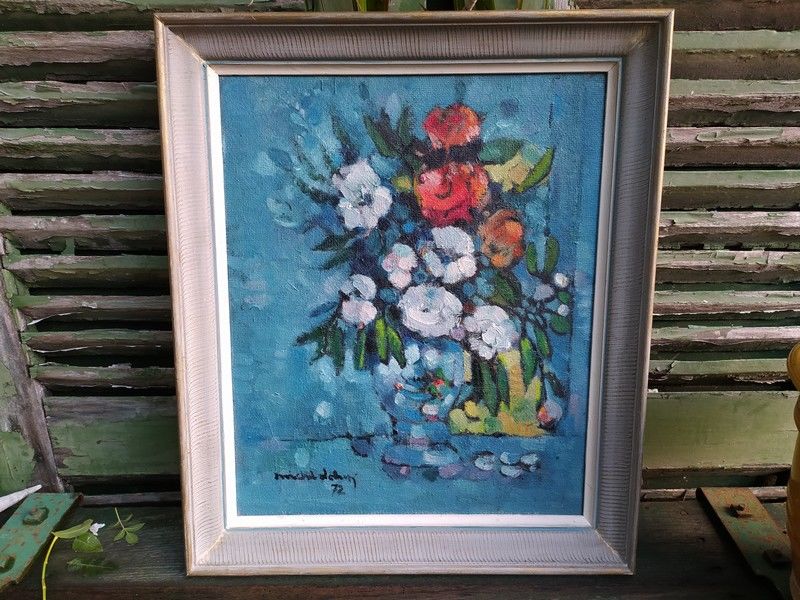 Tableau Nature Morte Bouquet de Fleurs Ann�es 50/60 Sign� 180 Loches (37)