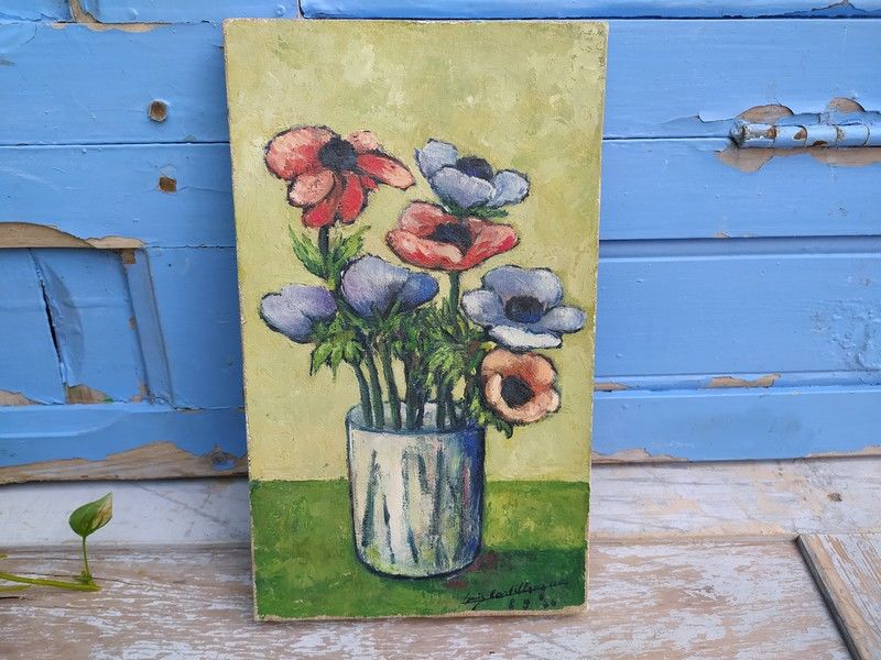 Tableau Nature Morte Fleurs An�mones Sign� Castellsaguer 80 Loches (37)