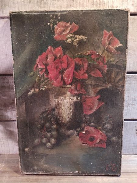 Tableau Nature Morte Coquelicots et Raisins Monogramme XIXe 50 Loches (37)