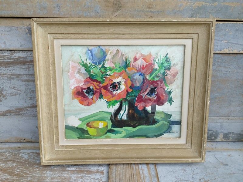 Tableau Nature Morte aux Coquelicots Gouache sign� M.Lacombe 180 Loches (37)
