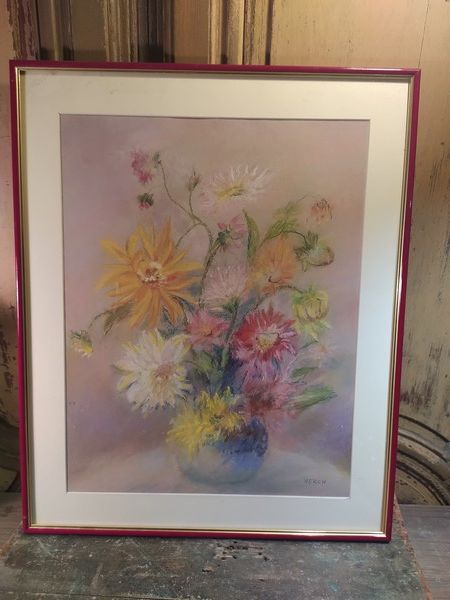 Tableau Pastel Bouquet de Fleurs Dahlias Sign� 80 Loches (37)