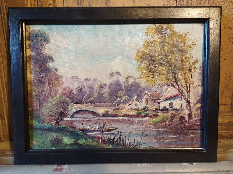 Tableau Paysage Barque P�cheurs sur Rivi�re Sign� 80 Loches (37)