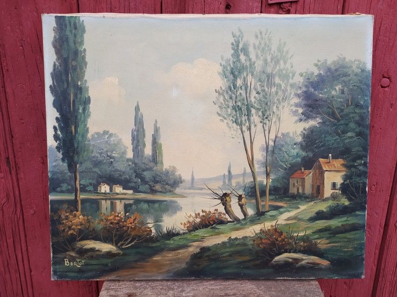 Tableau Paysage Bord du Loiret Sign� Bertot 80 Loches (37)