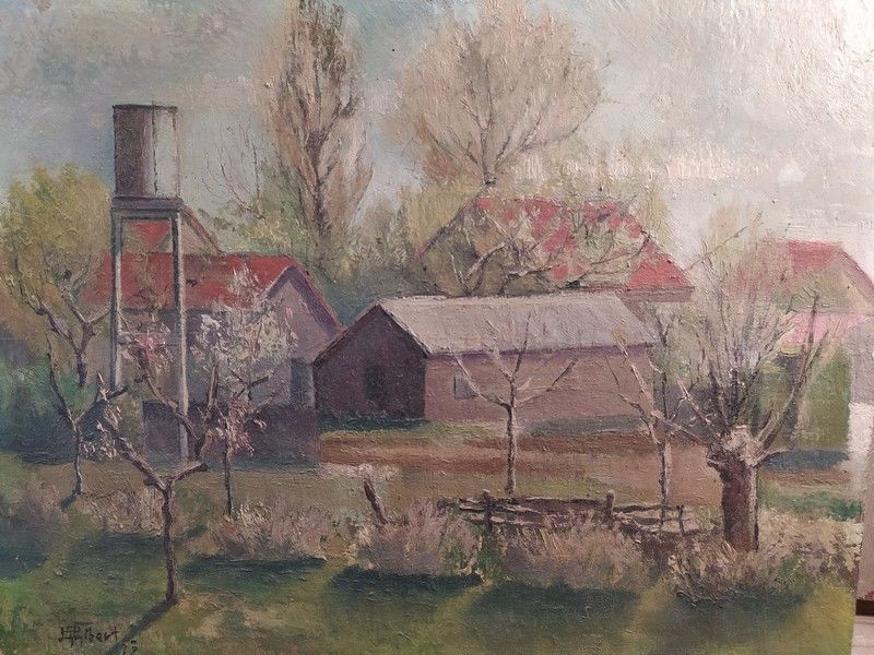 Tableau Paysage Corps de Ferme Sign� P. Gibert 1953 65 Loches (37)