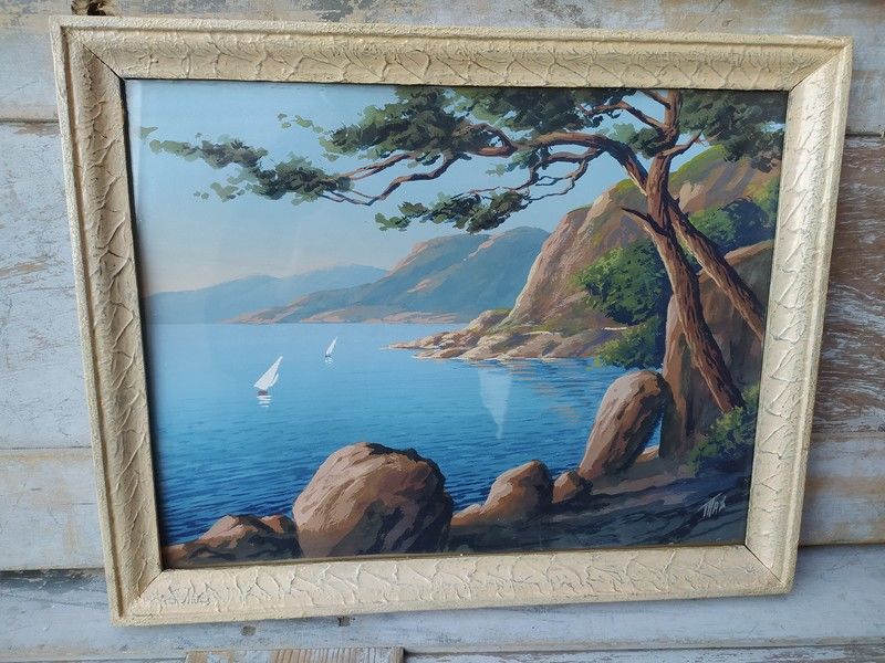 Tableau Paysage C�te d'Azur Voilier Cadre sous Verre 60 Loches (37)