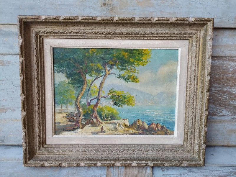 Tableau Paysage Cote d'Azur Cap Martin sign� Andr� Franchet 85 Loches (37)