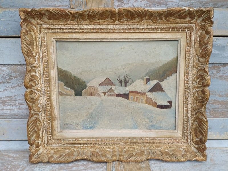 Tableau Paysage D'Hiver Maisons sous la Neige par J.Grundler 200 Loches (37)