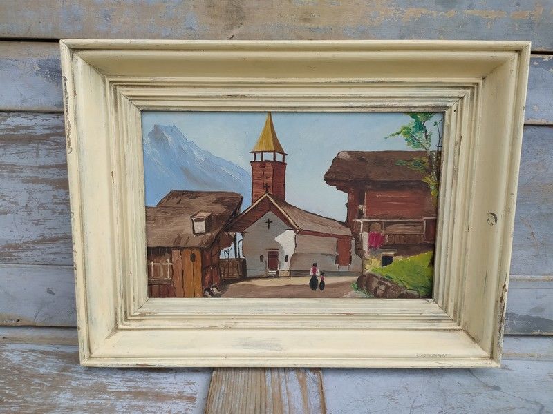 Tableau Paysage de Montagne Village du Valais Non Sign� 60 Loches (37)