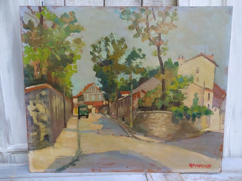Tableau Paysage Rue d'un Vieux Village avec Automobile 180 Loches (37)