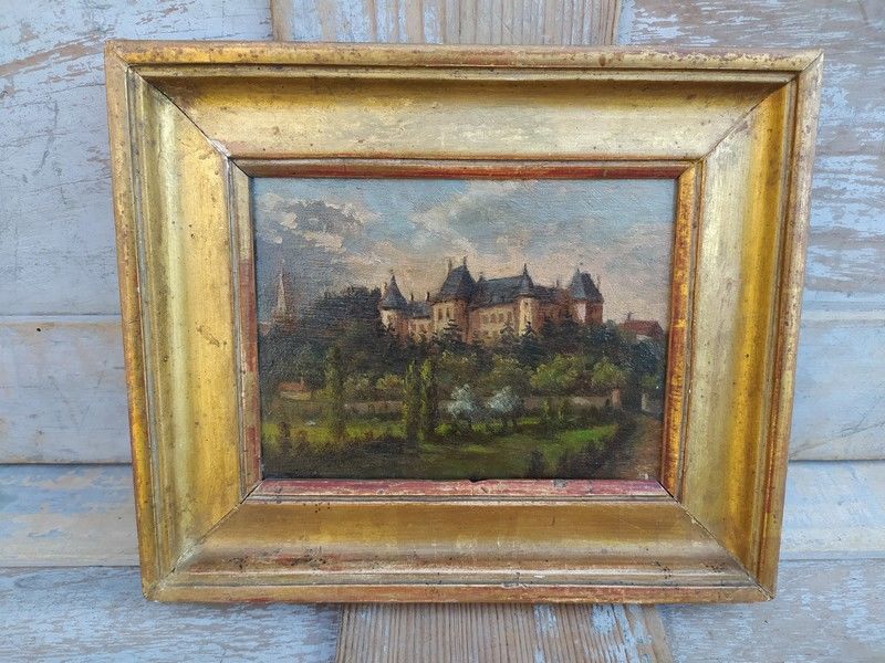 Tableau Peinture sur Bois Ch�teau XIX�me Cadre Dor� Feuille 200 Loches (37)