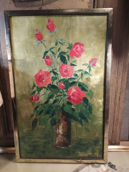 Tableau Peinture Bouquet de Roses Rouges Vers 1960. 70 Loches (37)