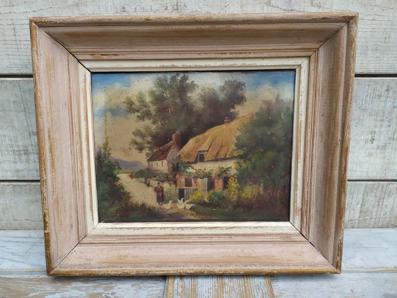 Tableau Peinture Ferme Chaumi�re Normande Sign� E. Jacquet 120 Loches (37)