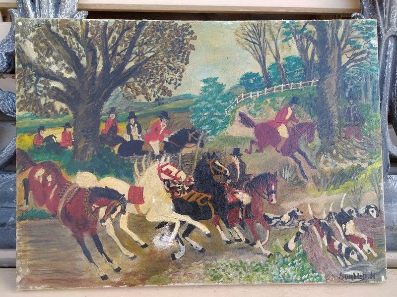 Tableau Peinture Na�ve Anglaise Sc�ne de Chasse � Courre 1 Loches (37)