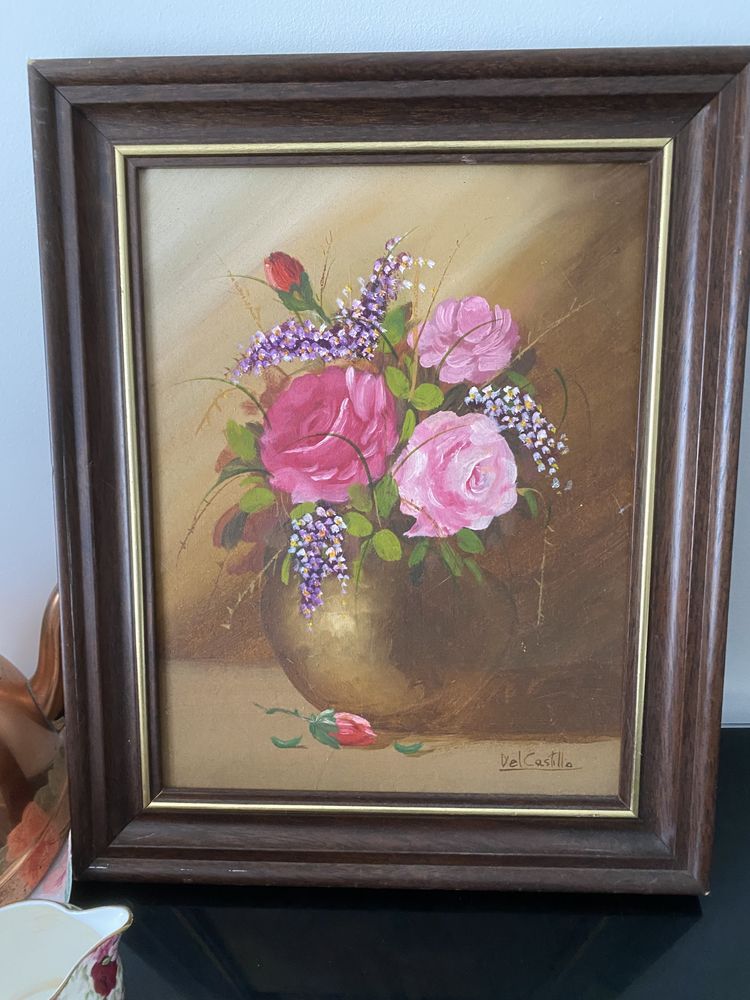 Tableau peinture nature morte fleurs roses, Del Castillo 100 Soisy-sous-Montmorency (95)