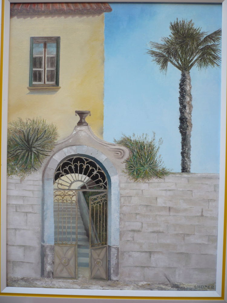Tableau de peinture. Le portail au palmier. GRASSE 290 Roquebrune-Cap-Martin (06)