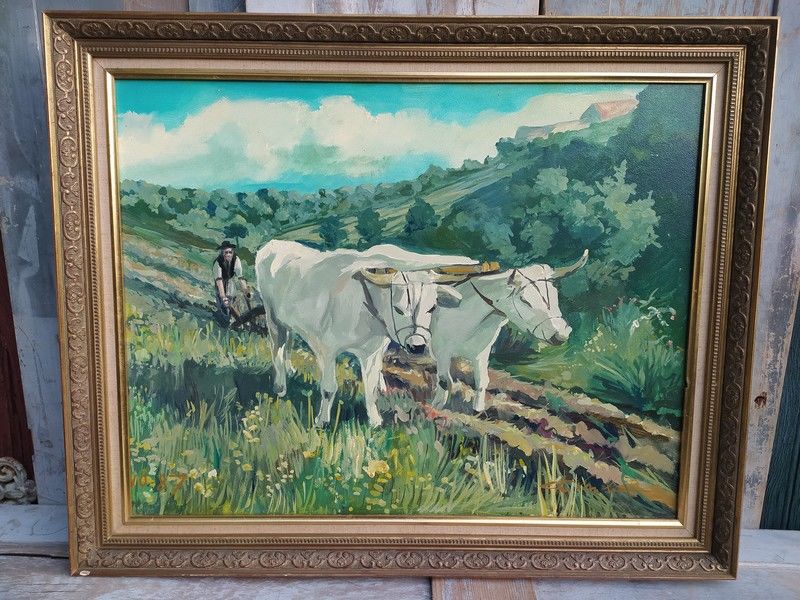 Tableau Peinture Sc�ne Paysanne Labour Attelage de Boeufs 130 Loches (37)